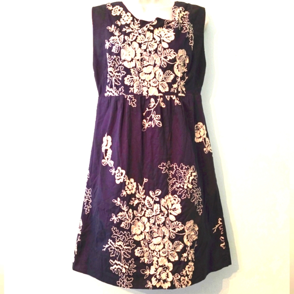 J Crew Womens Graphite Gray Cotton Dress With  Cream Embroidery Size 6